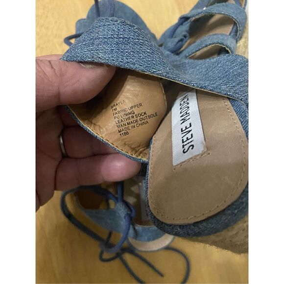 Steve Madden Braylin denim strappy lace up platform wedge shoes size 7 - Picture 6 of 8